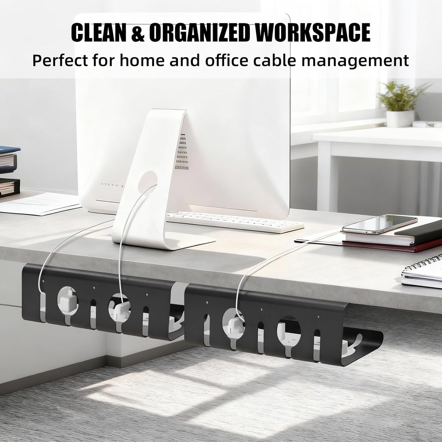 Under Desk Cable Management, 2 Pack 17" Cable Tray Organizer, No Drill or Screw Mount, Standing Desk Cable Management, Cord Organizer, White
