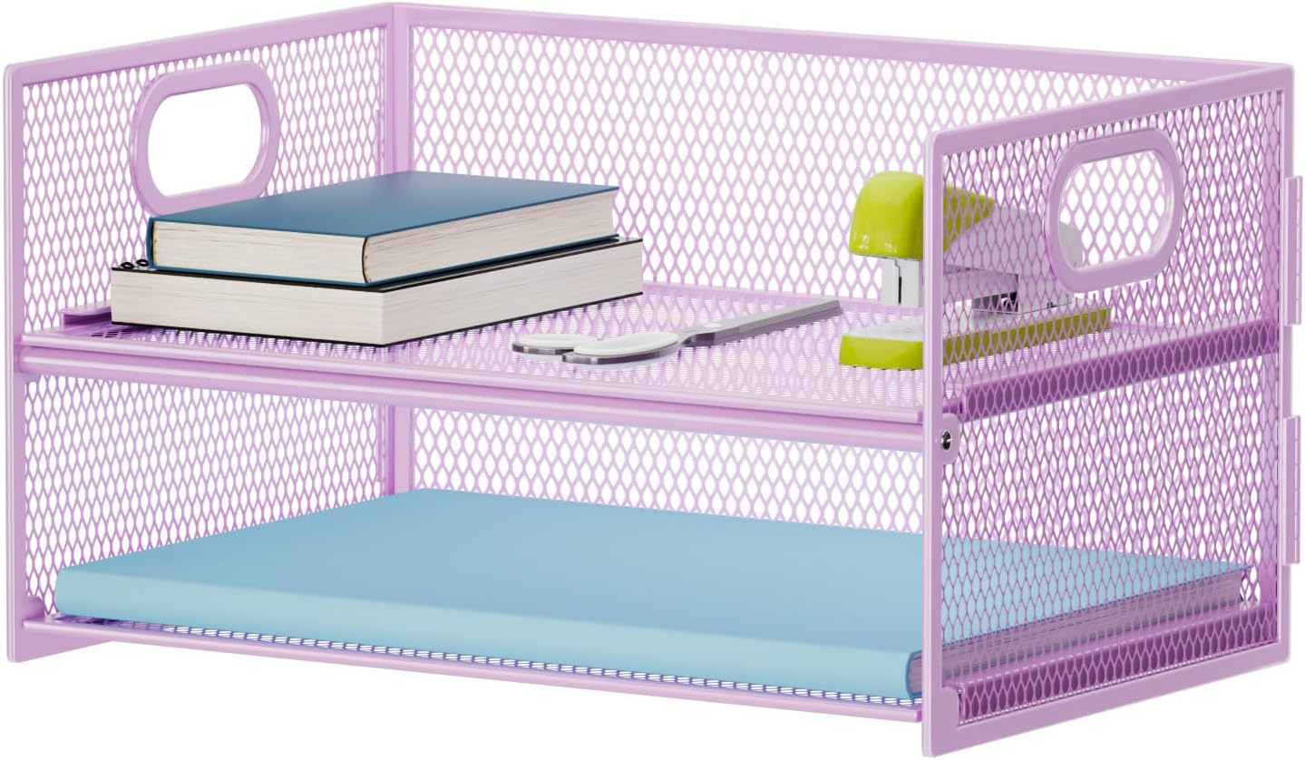 Marbrasse 2 Tier Paper Organizer Letter Tray, Mesh File Organizer with Handle, Paper Sorter Desk Organizer for Home Office Supplies - Black
