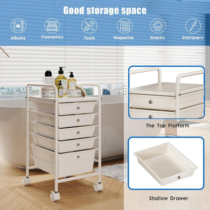 4-Tier Utility Cart with 4 Drawers, Rolling Utility Cart with 2 Lockable Caster Wheels, Multipurpose Mobile Rolling Drawer Cart for Office Bathroom Kitchen, Ivory White