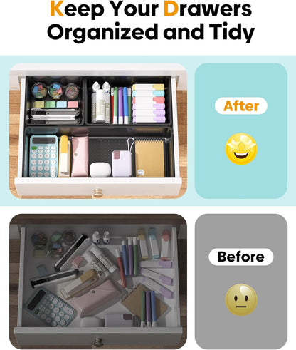 10 Pack Large Size Plastic Drawer Organizers Set, 3 Sizes Desk Drawer Organizer Trays, Storage Bins for Vanity, Makeup, Bathroom, Kitchen Utensils and Office (Black)