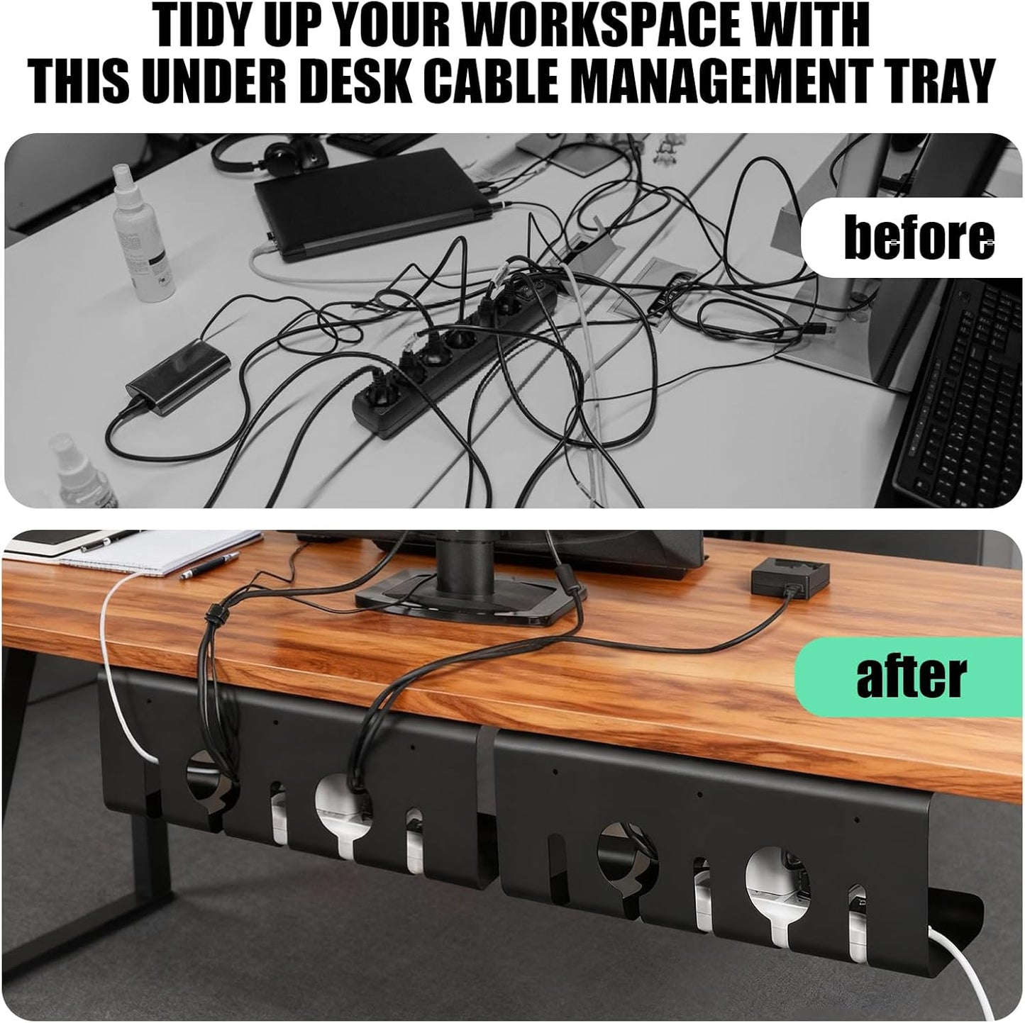 Under Desk Cable Management, 2 Pack 17" Cable Tray Organizer, No Drill or Screw Mount, Standing Desk Cable Management, Cord Organizer, White