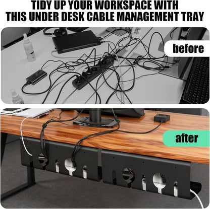 Under Desk Cable Management, 2 Pack 17" Cable Tray Organizer, No Drill or Screw Mount, Standing Desk Cable Management, Cord Organizer, White