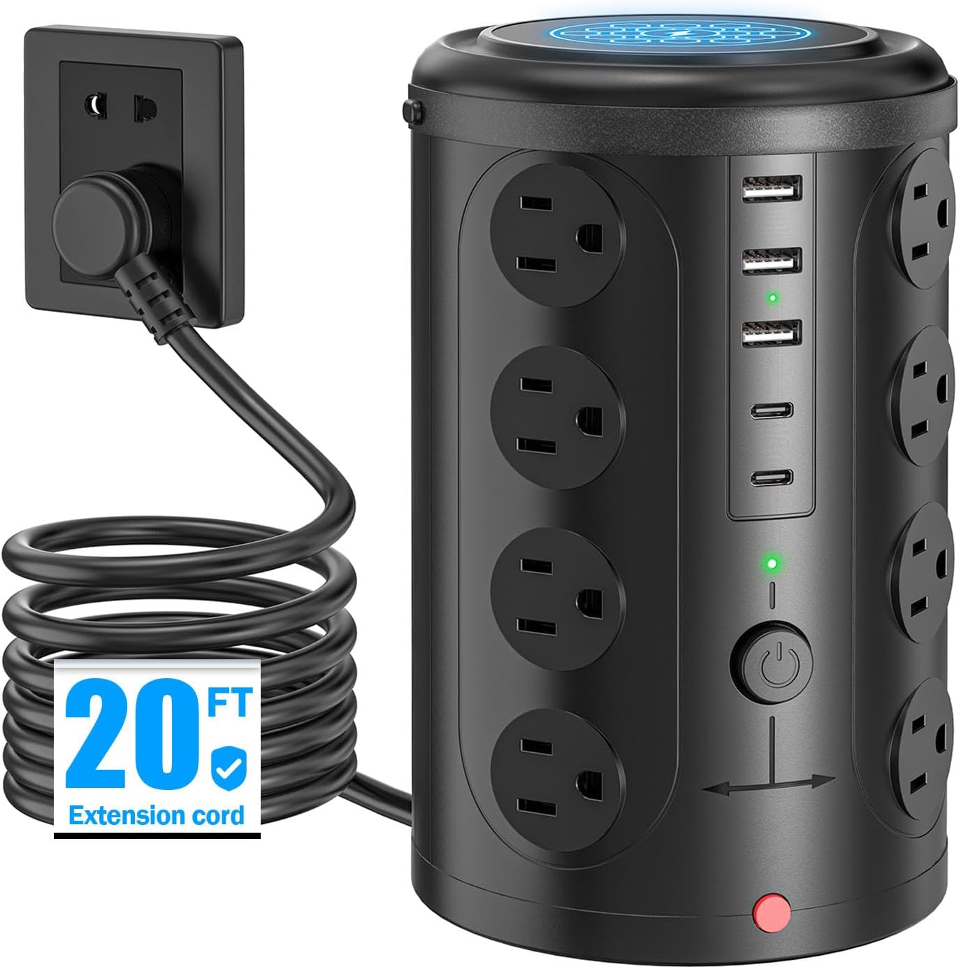 Surge Protector Power Strip - Desk Charging Station with 15W Wireless Charger, Multiple Outlets Charging Station with 16 2300J AC Outlets & 5 USB (2 USB C) Port, for Home, Office, Dorm Room