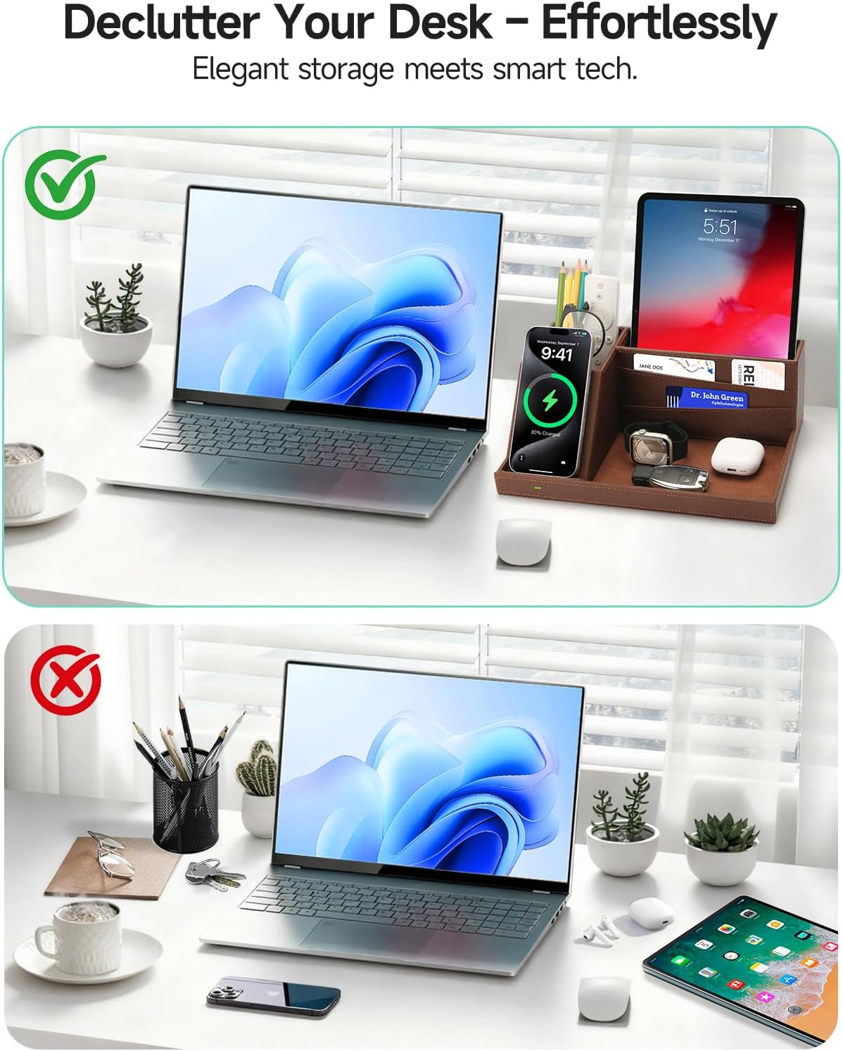 Fast Wireless Charging Station with Desk Organizer for iPhone 17/16/15/15 Pro/14/14 Pro Max/14 Pro/14 Plus/13/13 Pro Max/13 Pro/and iPhone 12/11 Series, Nightstand Desktop Organizer, Brown
