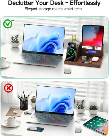 Fast Wireless Charging Station with Desk Organizer for iPhone 17/16/15/15 Pro/14/14 Pro Max/14 Pro/14 Plus/13/13 Pro Max/13 Pro/and iPhone 12/11 Series, Nightstand Desktop Organizer, Brown