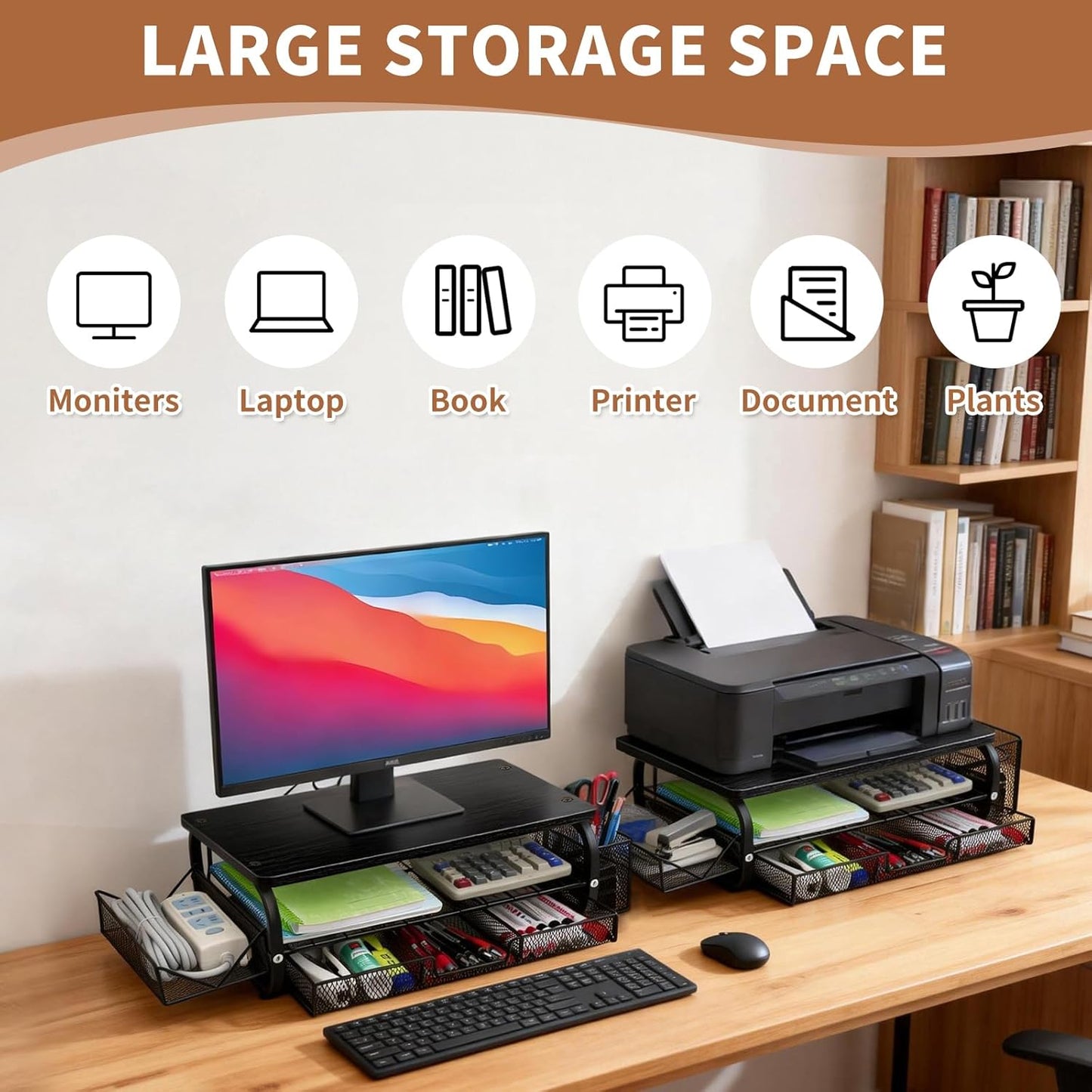 Desk Organizers and Accessories Monitor Riser, Monitor Stand with Drawer (2-Tier Drawers) with Large Side Storage Rack & Cable Management,66LBS/30KG, Office Organization, Walnut Brown