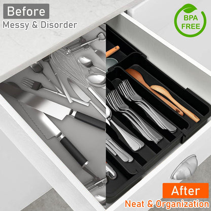 Spaclear Silverware Organizer - Expandable Kitchen Drawer Organizer, Utensil Drawer Organizer, Adjustable Plastic Flatware and Cutlery Holder, Kitchen Organizers Storage for Forks Knives, Black