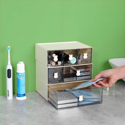 Desktop Storage Drawers, Plastic Desk Organizer with 3 Drawers, Modular Stackable Toolbox Units for Office Stationary, Makeup Container, Bathroom Countertop (1 Tall Layer, Cream & Clear)
