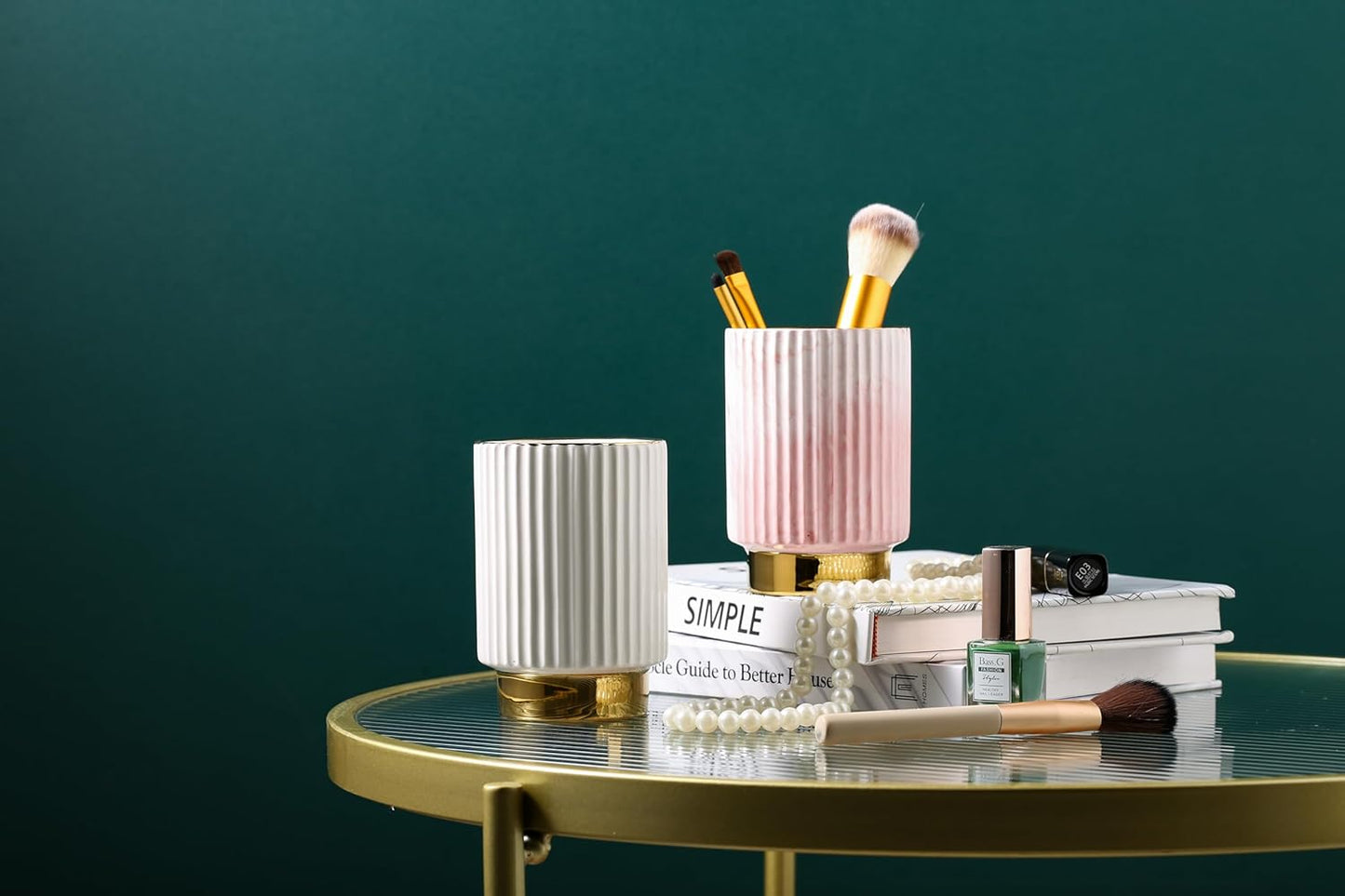 IEEK Makeup Brush Holder Organizer Pen Pencil Cup Glass Make Up Brushes and Toothbrush Organizer for Bathroom Vanity Desktop European Style Striped Brushes Container,Grey and Gold