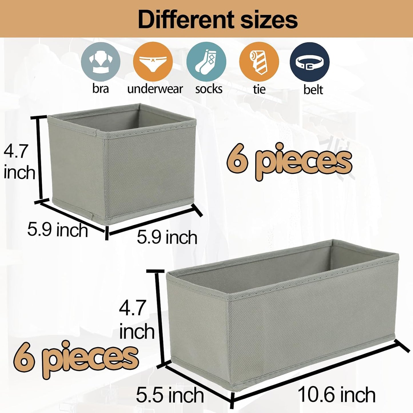 Fordonral 12 Pack Drawer Organizer Clothes, Foldable Fabric Dresser Organizer Closet Organizers and Storage Box for Underwear,Folded Clothes,Baby Clothing,Socks,Bra,Towels,Ties(12 Pack,Gray)