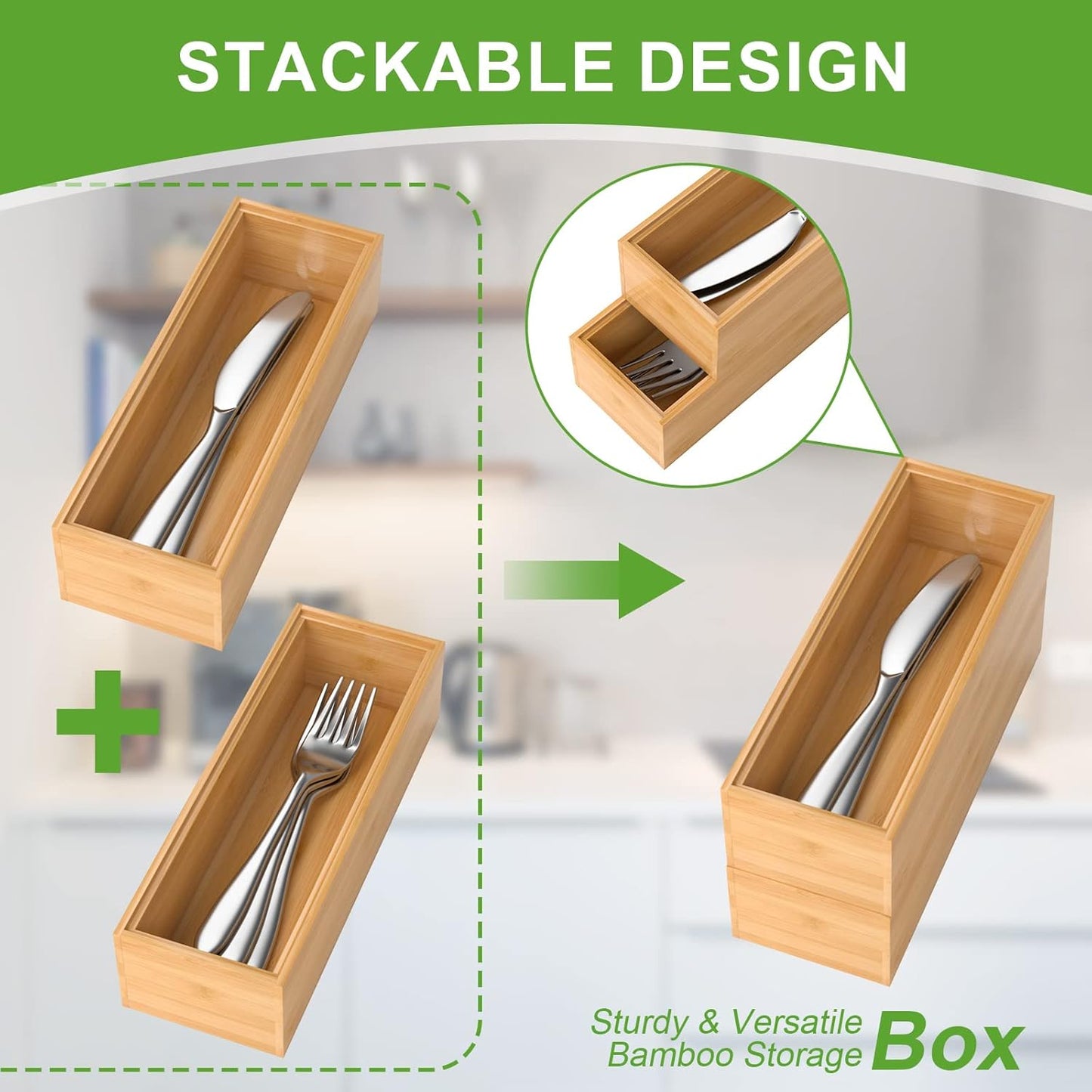 Lixple Bamboo Drawer Organizer, Cutlery Silverware Organizer for Kitchen Drawer, Stackable Utensil Organizer, 2 Pcs Flatware Organizer for Drawer, Wooden Storage Box Tray (Bamboo, 9 X 6 X 2 Inch)