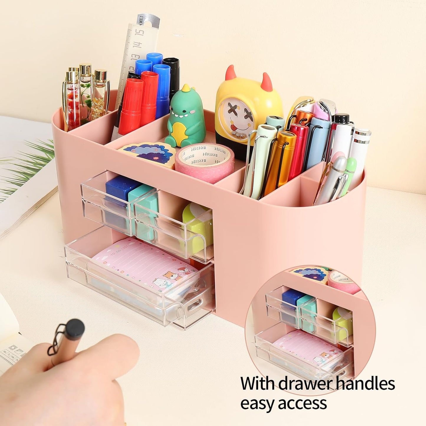 INSTOME Pencil Pen Holder for Desk with 3 Drawers - All-In-One Desk Organizer - Perfect Desk Accessories for Office Use - Stylish & Convenient Desk Organizers and Accessories (Beige)