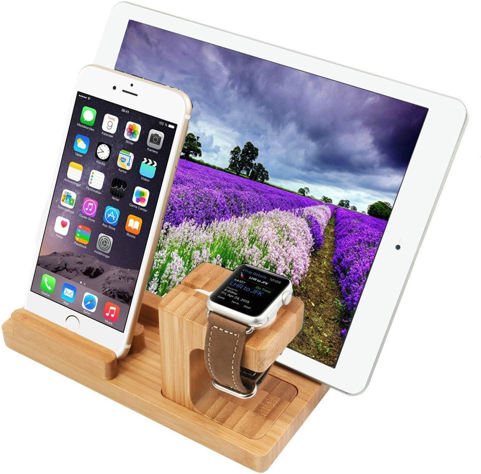 Bamboo Wood Multi-Device Desktop Charging Dock Station Charger Holder Cradle Charge Stand for iPhone 16 15 14 13 12 11 Pro Max iWatch 2 3 4 5 Compatible with iPad Mini Air Pro 2 3 Smartphones