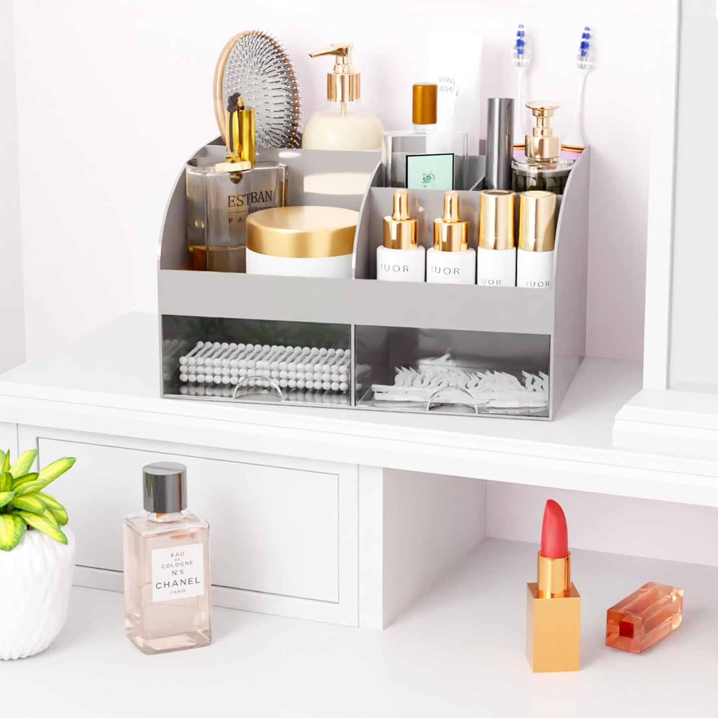 Makeup Organizer with Drawers, Cosmetic Storage for Dresser Vanity and Bathroom Countertop, Beauty Holder for Lipstick Brush, Skincare Organizer for Vanity, Cosmetic Display Case (White)
