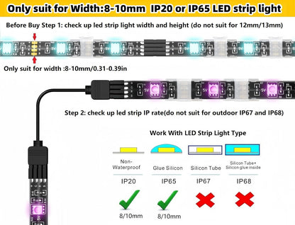 Threetwofour 100 Pack Double Installation LED Strip Light Mounting Bracket Self Adhesive LED Clips Only use for Width 8-10mm/0.31-0.39in Height<2.8mm/0.11in Indoor LED Strip Light with 102PCS Screws