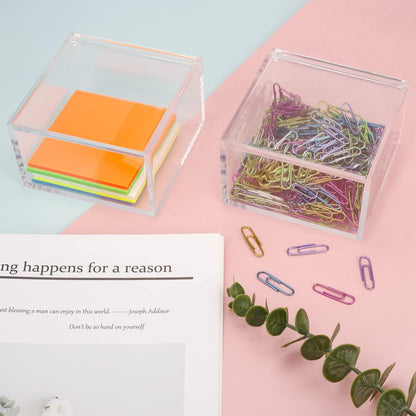 2 Pack Small Clear Acrylic Organizer with Lid for Paper Clips,Sticky Note,Qtip,Cotton Balls,Hair Ties Holder Acrylic Box for Home office Bathroom Desk Organizer