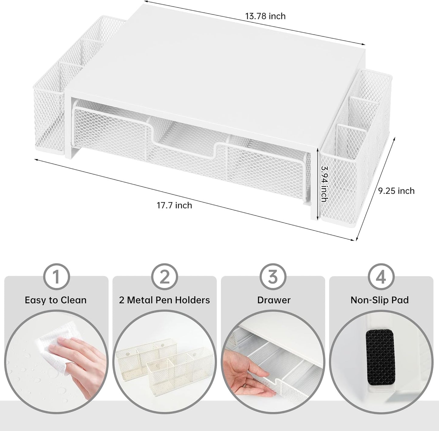 Qupui Computer Monitor Stand Riser with Drawer and Pen Holders, Desk Organizer Shelf and Accessories, Office Desk Accessories, Office Organization, Black