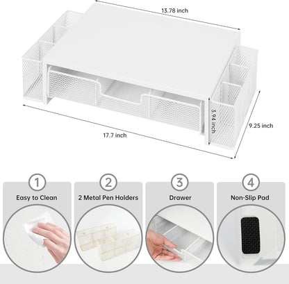 Qupui Computer Monitor Stand Riser with Drawer and Pen Holders, Desk Organizer Shelf and Accessories, Office Desk Accessories, Office Organization, Black