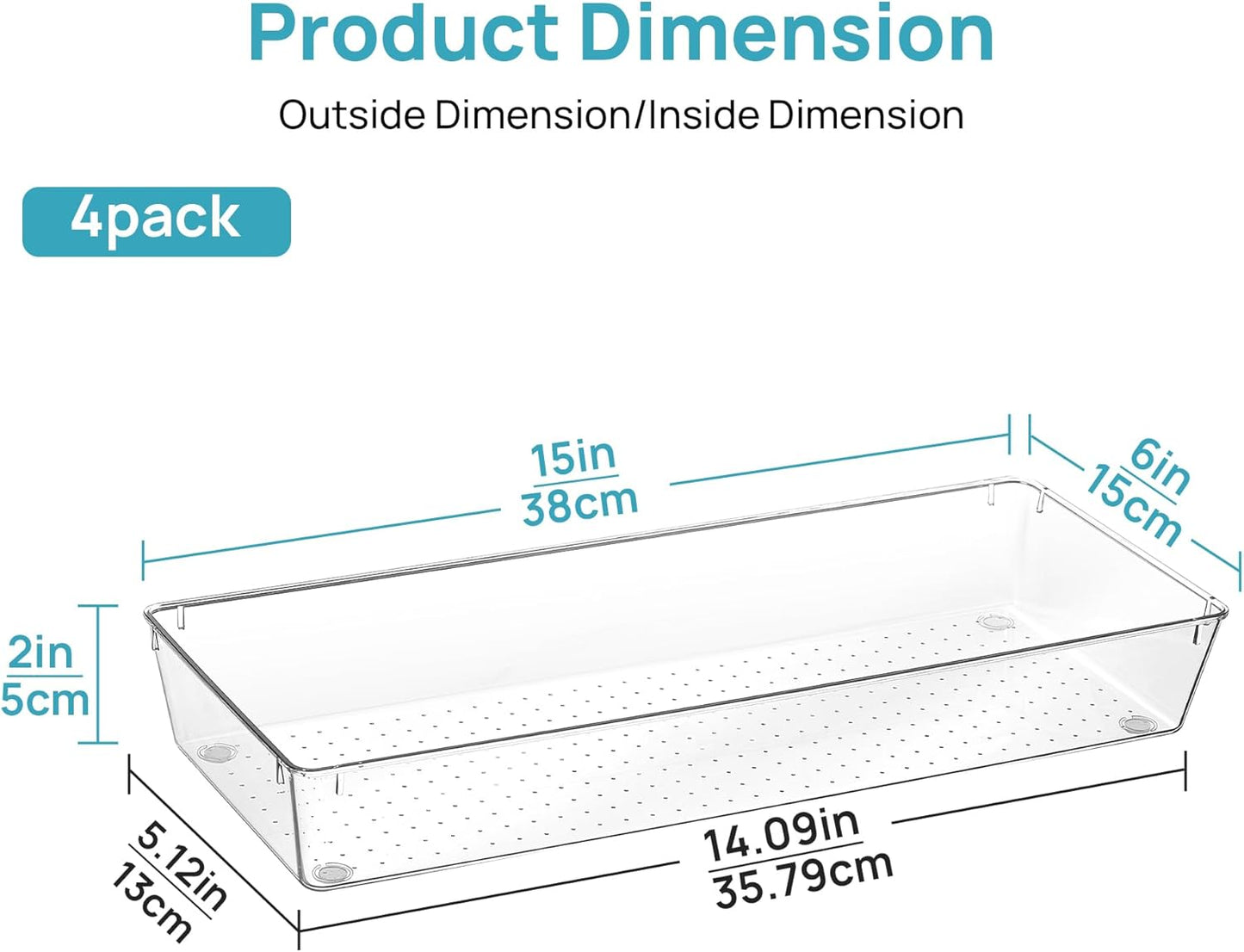 Vtopmart 4 Pack 15" X 6" Kitchen Drawer Organizers, Clear Plastic Drawer Organizer Tray, Storage Bins for Flatware, Silverware, Utensil, Cutlery