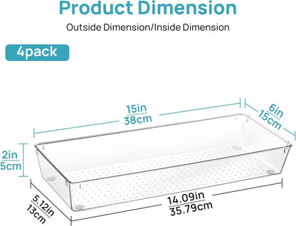 Vtopmart 4 Pack 15" X 6" Kitchen Drawer Organizers, Clear Plastic Drawer Organizer Tray, Storage Bins for Flatware, Silverware, Utensil, Cutlery