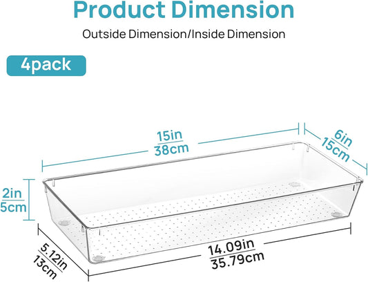 Vtopmart 4 Pack 15" X 6" Kitchen Drawer Organizers, Clear Plastic Drawer Organizer Tray, Storage Bins for Flatware, Silverware, Utensil, Cutlery