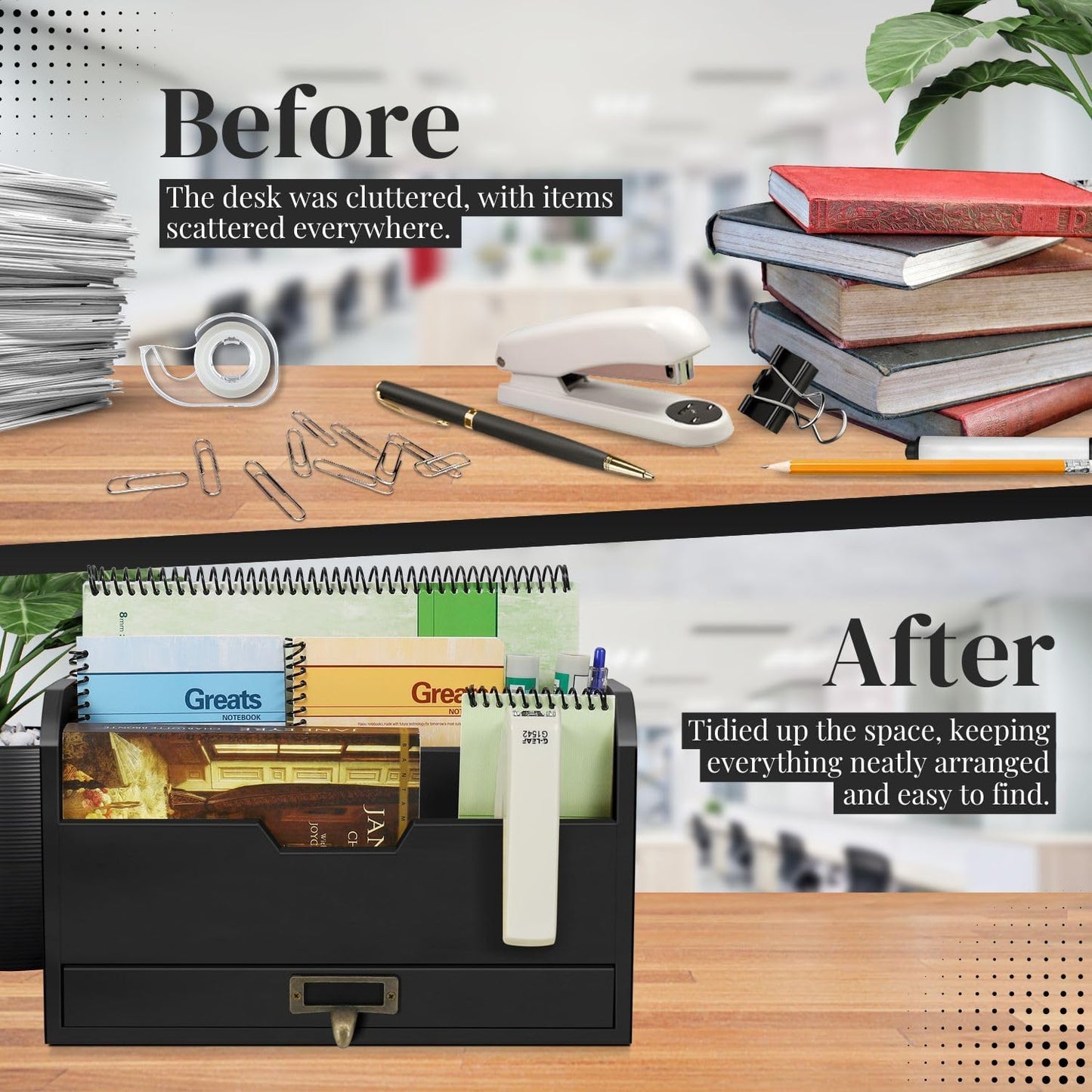 Flexzion 3 Tier Wooden Desk Organizer - Country Rustic Compartments Slot File Tray Pencil Sorter Shelf Holder Supplies Rack Accessories Set with Storage Drawer for Desktop Tabletop Office Home Brown