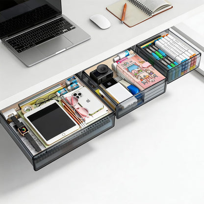 TooCust 3 Pack Under Desk Drawer Slide Out Storage Organizer, Clear White 3 Sizes (S/M/L), Dual-Mount Hidden Table Tray for Tablets, Planners & Office Supplies