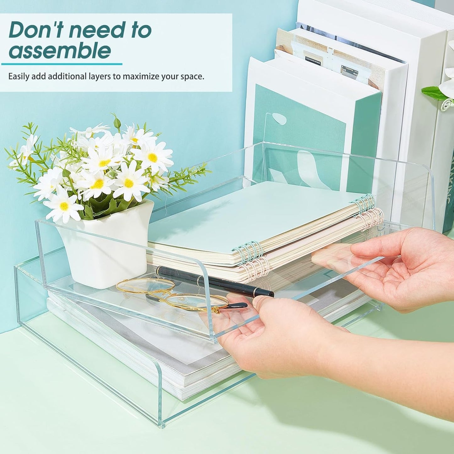 Yulejo 2 Pcs Stackable Acrylic Desk Organizers Paper Tray Storage Tier Accessories Paper File Office Organizer Tray Stackable Document Clear Desk Accessories for Office Workspace Organization