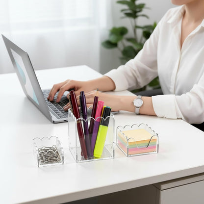 YAGELI Black Acrylic Desk Organizer Set of 3, Magnetic Modular Pen Holder with Sticky Notes & Paperclip Tray, Aesthetic Desk Accessories for Home Office & Minimalist Decor