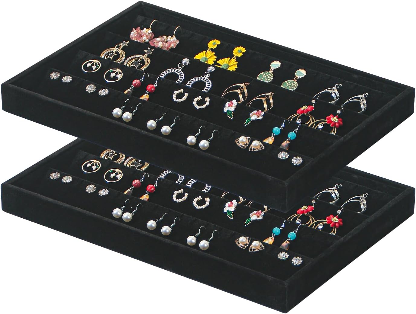 Coward Stackable Jewelry Trays Organizer Set with Clear Lid, Trays for Drawer, Earring Necklace Bracelet Ring Display Organizer (beige(ring+12girds+30girds+The glass lid))
