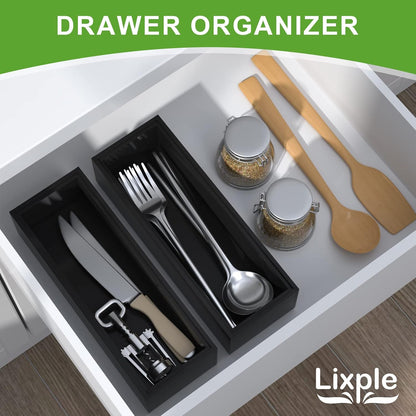 Lixple Bamboo Drawer Organizer, Cutlery Silverware Organizer for Kitchen Drawer, Stackable Utensil Organizer, 2 Pcs Flatware Organizer for Drawer, Wooden Storage Box Tray (Bamboo, 9 X 6 X 2 Inch)