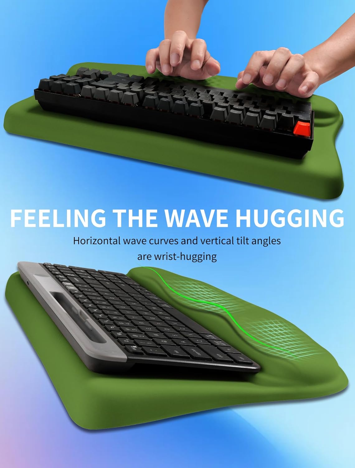 Ergonomic Wave Wrist Rest with Keyboard Stand, Cushioned Palm Rest, Comfortable Integrated Memory Foam for Natural Typing and Relieve Wrist Pain, Dark Night Black