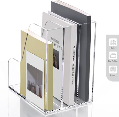 SANRUI Acrylic Magazine Holder Desk Organizer Workspace Sorters，Clear Bookend File Sorter Holder，Folder Rack, Office Accessories Organization Storage with 3 Vertical Compartments