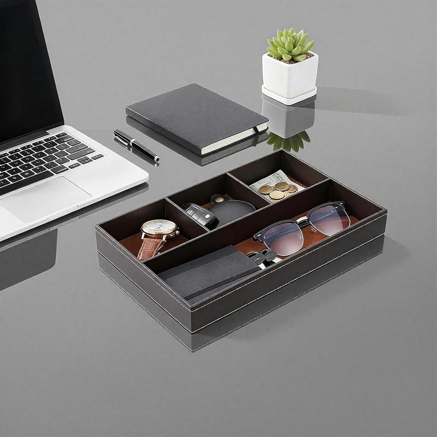2 Pieces Faux Leather Valet Tray for Men, Stackable Jewelry Trays for Drawers, Mens Dresser Top Organizer for Key, Wallet, Sunglass, Watch, Coin, Phone, Nightstand Bedside Tray Brown