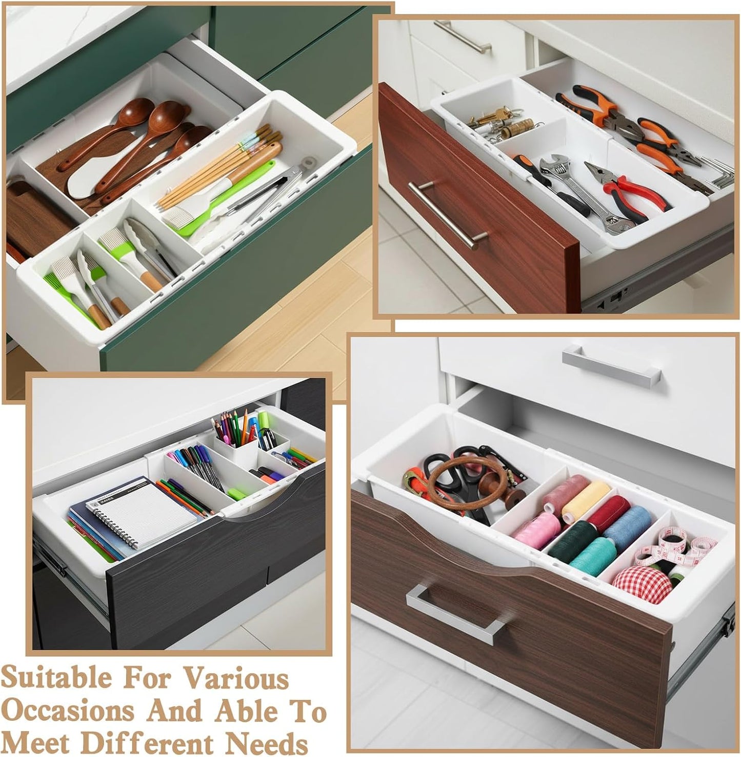 2Pcs Expandable Sliding Drawer Tray with Adjustable Dividers, White Plastic Deep Desk Drawer Dividers Organizers Expandable 11.4 to 18.1 Inches For Utensils Office Bathroom Bedroom Kitchen
