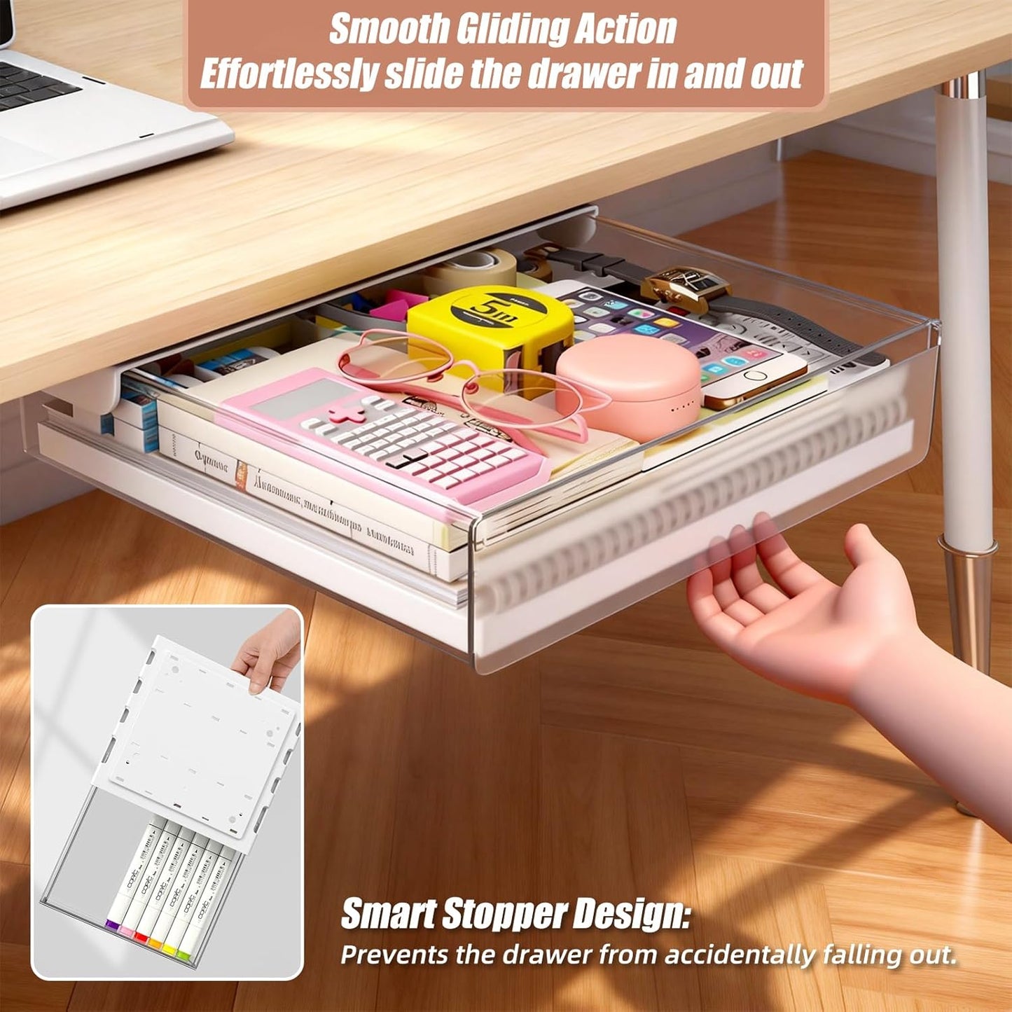 TooCust 3 Pack Under Desk Drawer Slide Out Storage Organizer, Clear White 3 Sizes (S/M/L), Dual-Mount Hidden Table Tray for Tablets, Planners & Office Supplies