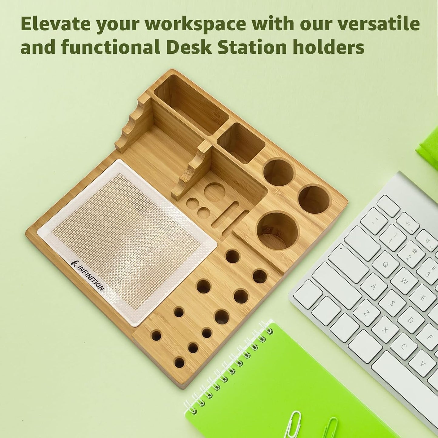 INFINITKIN Bamboo Desk Organizer, Wax Carving Tools Holder with Non-stick Silicone Mat Pad for 4-Claw Pick-up Tool, Cotton Swabs, Pens, and Tool Accessories -Great for Temporary Small Tool Projects