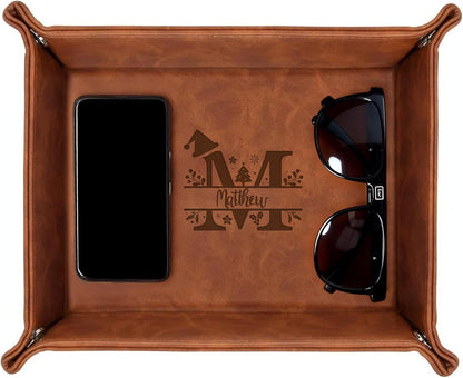 Personalized Engraved Leather Tray for Men with Engraved Name, PU Leather Valet Organizer for Dad, Custom Gift for Him, Custom Catchall Tray for Desk, Office, Accessories Travel Organizer for Men