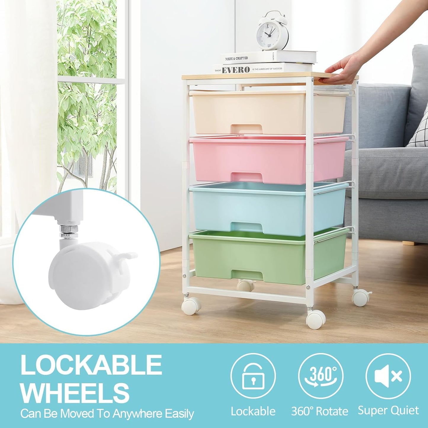 SYKIARIOL Utility Cart with 4 Drawers, Multipurpose Rolling Storage Cart with 4 Drawers and 2 Lockable Wheels, 4-Tier Rolling Storage Cart Organizer for Home Office Dorm, Bright White
