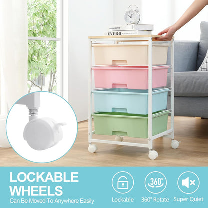 SYKIARIOL Utility Cart with 4 Drawers, Multipurpose Rolling Storage Cart with 4 Drawers and 2 Lockable Wheels, 4-Tier Rolling Storage Cart Organizer for Home Office Dorm, Bright White