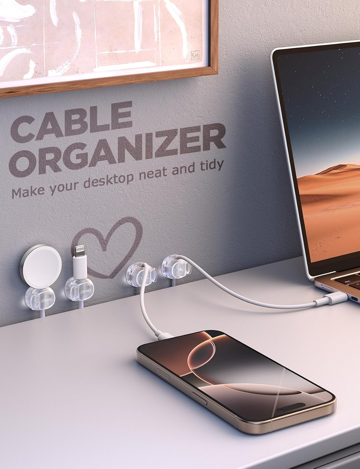 8Pack Cord Organizer [Dual Spring & Clasp, Max Secure] Cable Clips - Chfeila Cable Management, Adhesive Phone Charging Wire Holder for Nightstand/Wall, Home Office Desk Accessories Decor Essentials