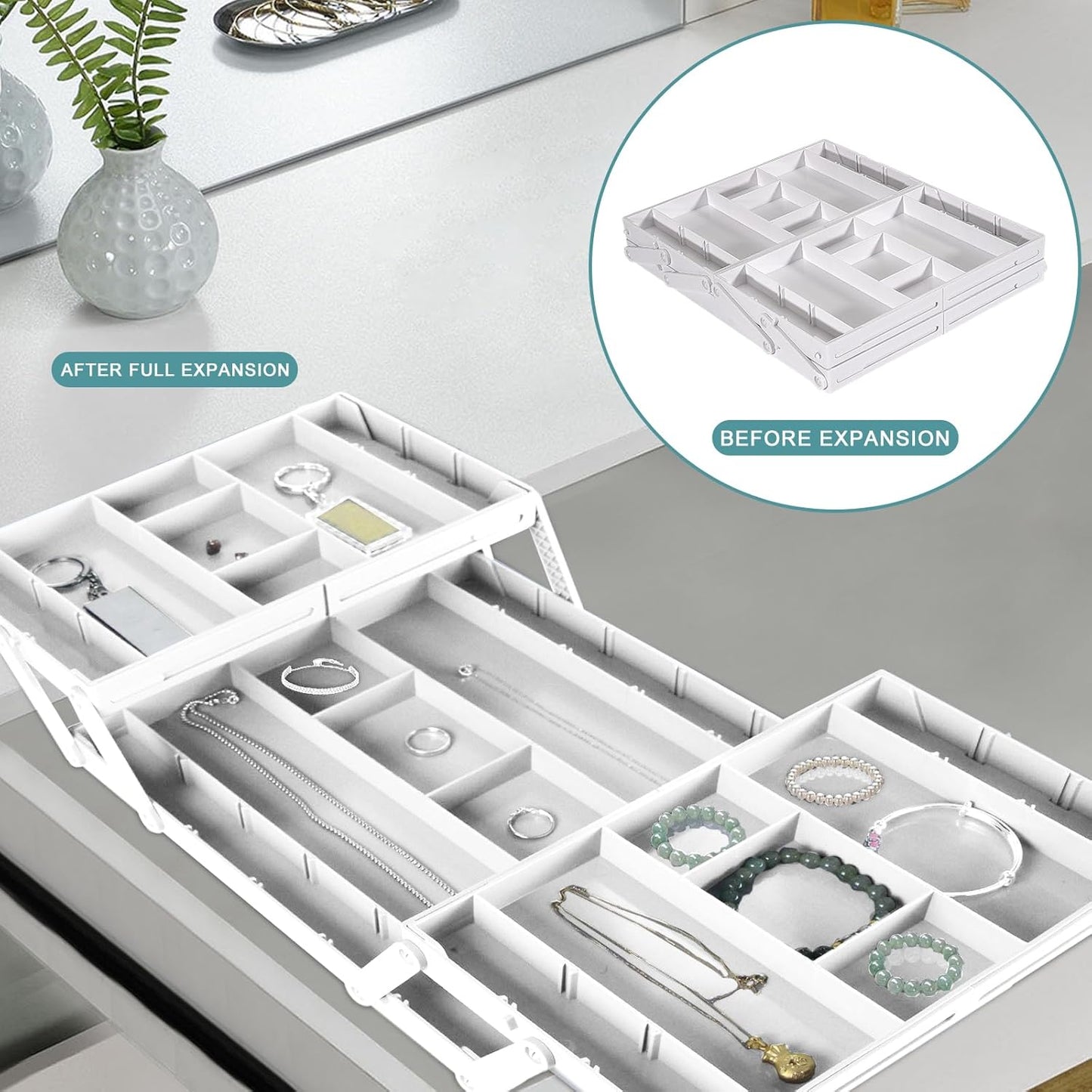 Aobiono Multi Level Smart Drawer Organizer, Multi Tier Expandable Storage Collapsible Foldable Trays for Jewelry, Cosmetics, Makeup, Tools, Battery (White, Single Row - 2 Levels)
