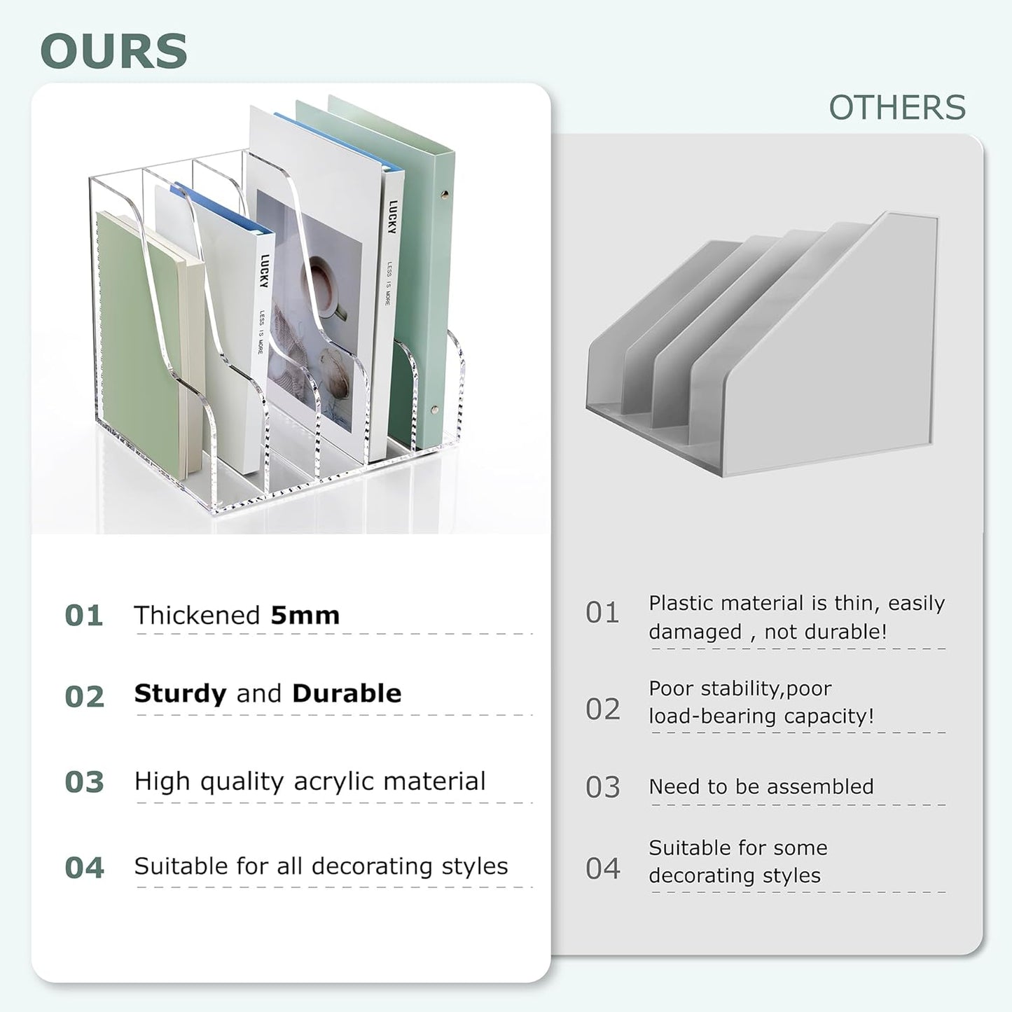 SANRUI Acrylic Magazine Holder Desk Organizer Workspace Sorters，Clear Bookend File Sorter Holder，Folder Rack, Office Accessories Organization Storage with 3 Vertical Compartments