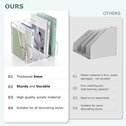 SANRUI Acrylic Magazine Holder Desk Organizer Workspace Sorters，Clear Bookend File Sorter Holder，Folder Rack, Office Accessories Organization Storage with 3 Vertical Compartments