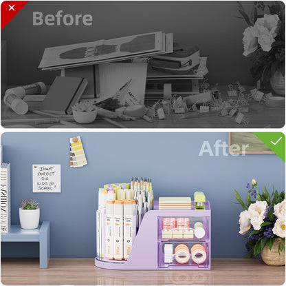 Marbrasse Desk Organizer with 2 Drawer, 360°Rotating Pen Holder, Desk Organizers and Accessories with 6 Slots Pencil Organizer + 2 Drawer, Art Supply Storage Box Caddy for Office (White)