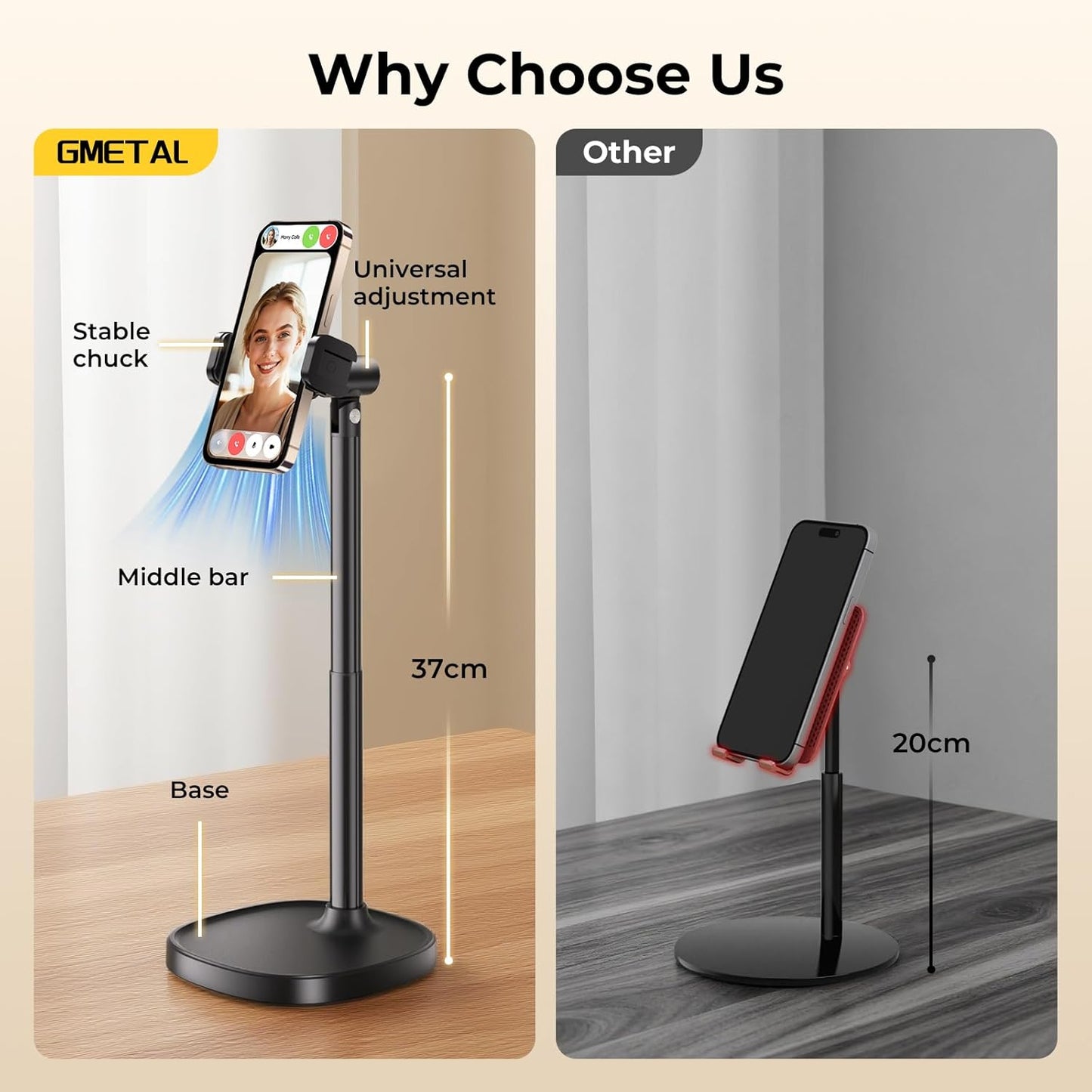 Desktop Phone Stand, Adjustable Height & Angle Holder, Compatible with iPhone, Samsung, Android Smartphones - Night Black
