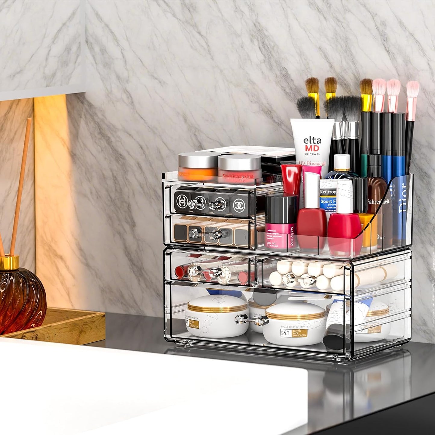 SUOXING Clear Acrylic Makeup Organizer for Vanity,Bathroom,Dresser,6 Drawer Cute Make up Organizers for Counter,Plastic Countertop Makeup Storage for Beauty,Jewelry,Brush,Cosmetic,Skin Care Organizer
