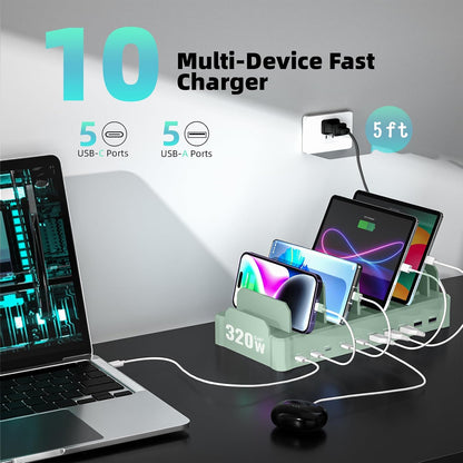 420W Charging Station for Multiple Devices, Zobirez 10-Port USB C Fast Charger Stations for MacBook, iPhone, Android Cell Phone, iPad, Tablet, Family Multi-Device Organizer Charging Dock, Black