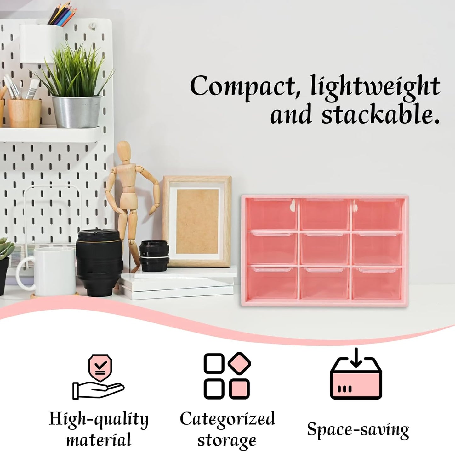 Small Drawer Organizer for Desk, 7.1" x 3.8" x 4.6" Mini Desktop Drawer Organizer with 9 Clear Drawers, Compact Craft & Office Supplies Organizer for Home School (Pink)