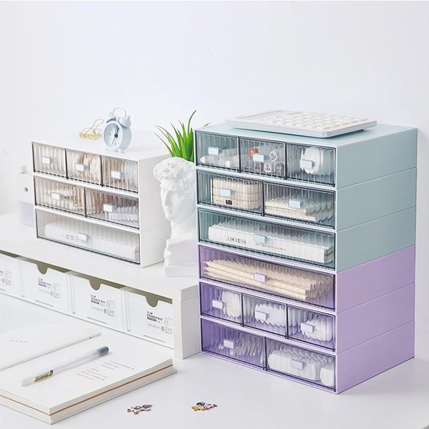 Desk Drawer Organizer, Stackable Plastic Storage Drawer, Grocery Organizer For Stationery/Office Supplies (Blue, 3 Compartment)